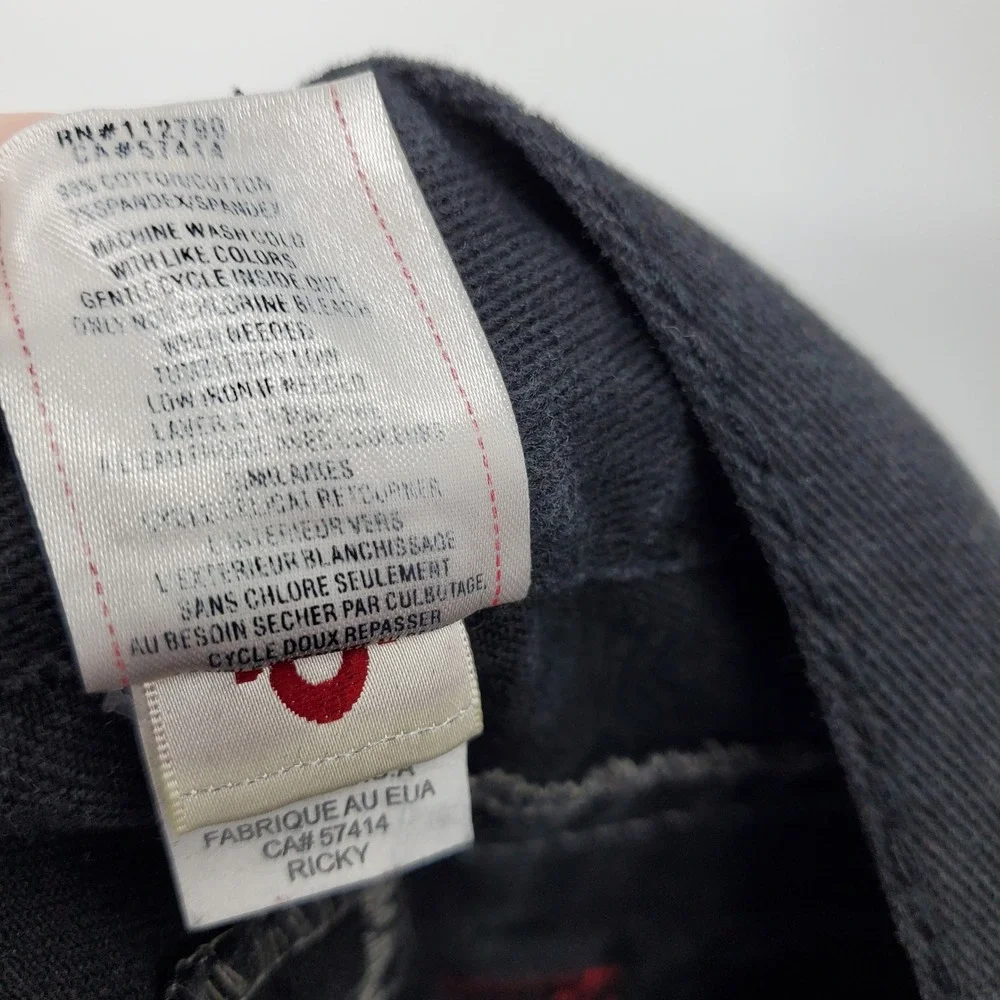 True Religion Ricky Super T Mens 42 Black Jeans Red Contrast Stitch‎ Made in USA